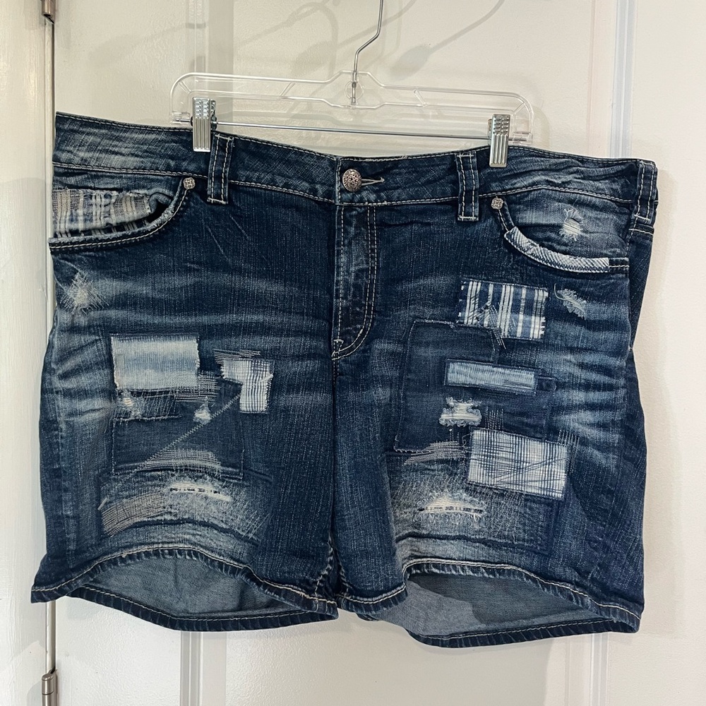 Silver Jeans Dark Indigo Patchwork Distressed Denim Shorts